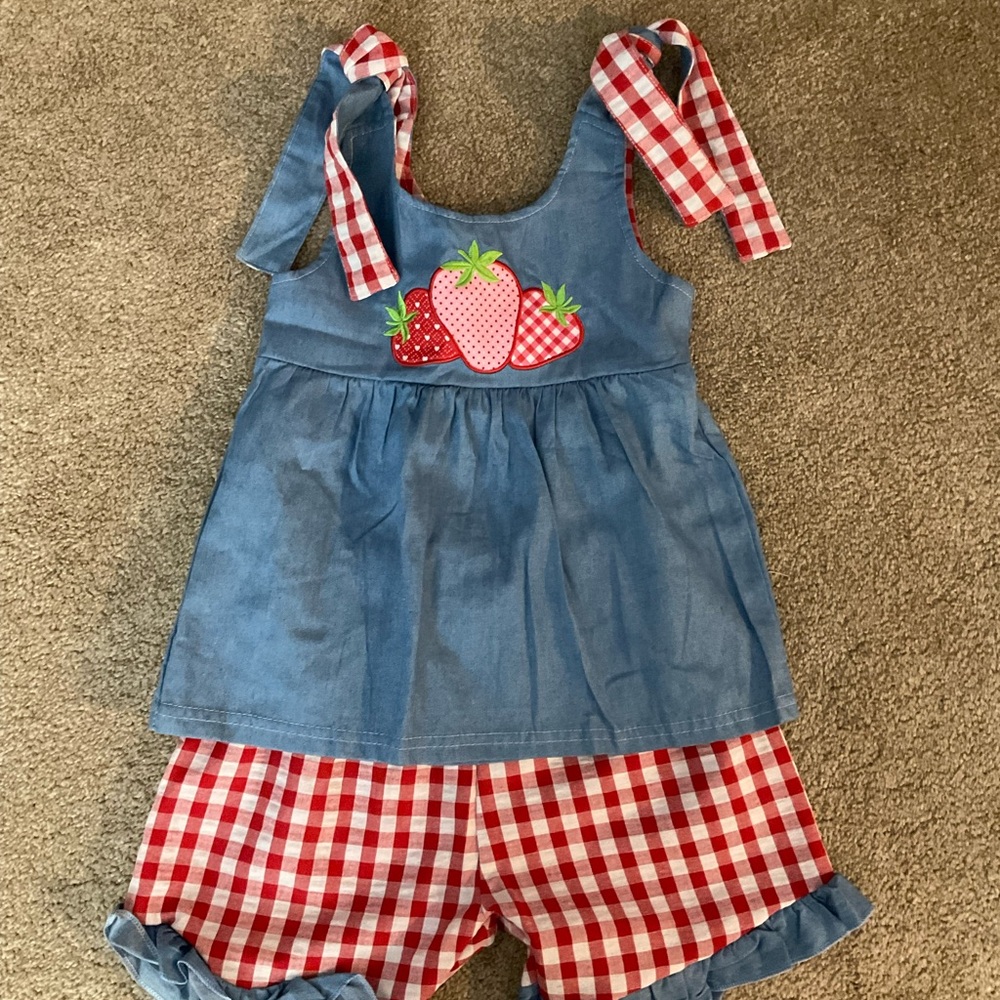 Blue Denim Strawberry Dress with Red Checkered Shorts